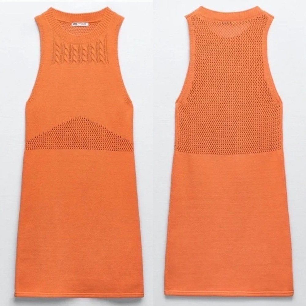 NEW Zara Orange Knit Mesh Mini Dress